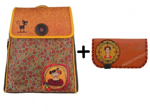 Frida Figürlü Kapaklı Sırt Çantası Etnik Bohem Style Cüzdan Kombin Kahve